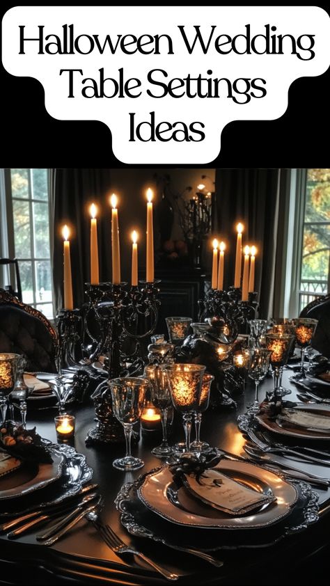 A spooky Halloween table setting featuring eerie candlelit centerpieces, dark tableware, and creative decor ideas for a hauntingly elegant atmosphere. Goth Table Setting, Halloween Table Settings Ideas, Halloween Tablescape Elegant, Gothic Table Setting, Halloween Wedding Table, Candlelit Centerpieces, Wedding Table Setting Ideas, Table Settings Ideas, Gothic Table