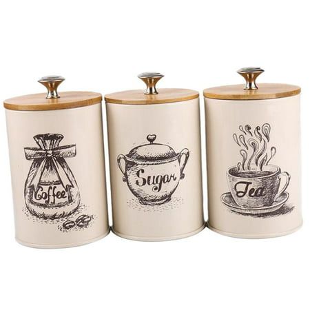 Description: This canister set has a classic cream paint scheme and bamboo lid. Health bamboo cover design, Advantageous to the storage of foods for a long time This three set allows you to conveniently store your tea, coffee, and sugar without taking up much space in your kitchen Size: Diameter x Height 9.5cm, Capacity 1L It's a good helper for the home and kitchen storage. Material: Galvanized Iron Color: White Size: Approx. 9. 5cm/3.74x6.10inch Package Includes: 3 Pieces Canister Set. Size: 1 Vintage Kitchen Canisters, Tea Coffee Sugar Canisters, Ceramic Kitchen Canisters, Kitchen Storage Canisters, Sugar Storage, Tin Kitchen, Kitchen Canister Set, Metal Canisters, Sugar Canister