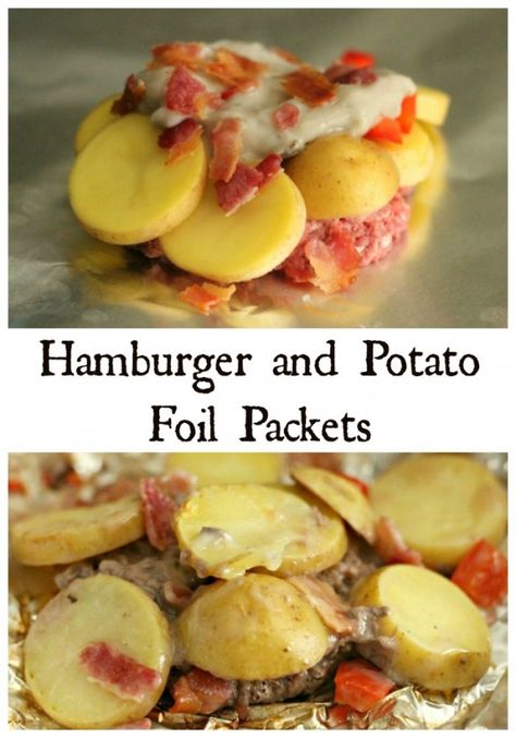 Hamburger and Potato Foil Packets on the Grill make you feel like you're camping, without the hassle. Potato Foil Packets, Hobo Meals, Foil Recipes, Hobo Dinner, Foil Meals, Potato Packets, Hobo Packs, Tin Foil Dinners, Hamburger And Potatoes