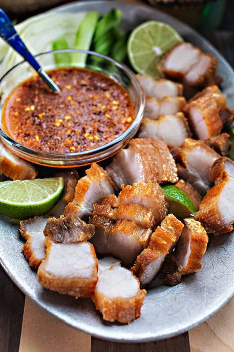 Try Thai Crispy Pork Belly for a delicious and crispy meal. It's easy to make and full of authentic Thai flavors. Get ready to enjoy the taste of Thailand in just a few simple steps. Only 5 ingredients! #crispyporkbelly #thaiporkbelly #porkbellyrecipes #crispythaiporkbelly #crispyfriedporkbelly #porkbellyrecipe #thaiporkbellyrecipe #easyporkbelly #crispyporkbellyrecipes Thai Fried Pork Belly, Thai Food Authentic, Thailand Food Recipes, Thai Rice Noodle Recipes, Thailand Recipes, Authentic Thai Recipes, Pork Belly Recipes Crispy, Thai Appetizer, Pork Belly Bao