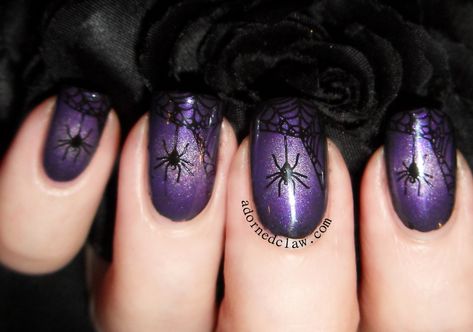 Halloween Purple Spiderweb Nail Art Scary Halloween Nails Design, Radial Gradient, Ongles Gel Violet, Gothic Nail Art, Nail Art Halloween, Emerald Nails, Purple Nail Art, Purple Acrylic Nails, Halloween Acrylic Nails