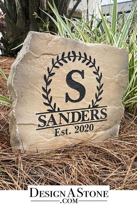 Personalized Rocks For Yard, Stone Address Sign Ideas, Stone Name Plates For Home, Landscape Stones, Monument Ideas, Stone Mailbox, Address Stone, Vine Letters, Address Signs For Yard