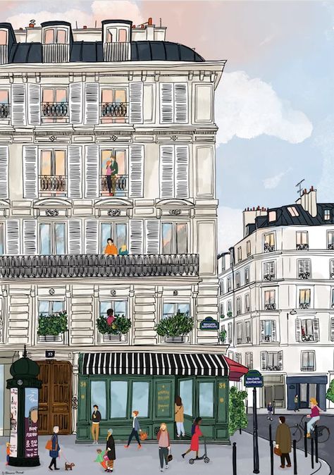 Clémence Monot - Marie Bastille Marie Bastille Paris House Drawing, Paris Buildings Illustration, Places Illustration, Paris Drawing, Art Parisien, Paris Illustration, Building Drawing, Architecture Painting, Paris Art