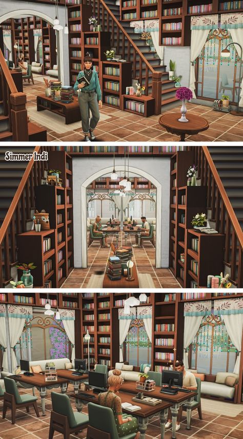 Sims 4 Book Nook Kit, Sims4 Library Ideas, Sims 4 Build Ideas Interior, Sims 4 Library Interior, The Sims 4 Community Builds, Sims 4 Library Layout, Book Nook Sims 4, Sims 4 Home Library, Bloxburg Library Interior