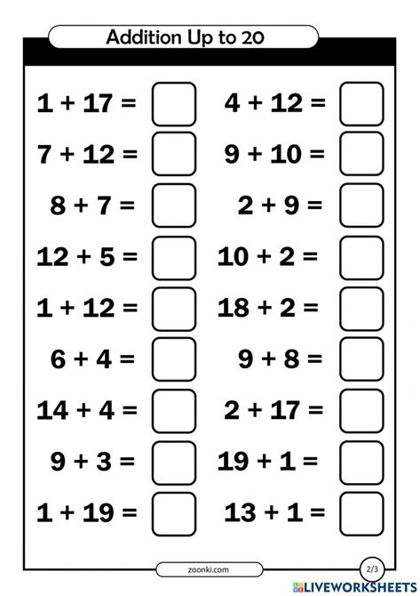 Addition Worksheets 2nd, Addition Worksheets Grade 1, Addition Worksheets Kindergarten, Basic Addition Worksheets, Addition To 20, Math Exam, Kumon Math, Math Pictures, Math Exercises