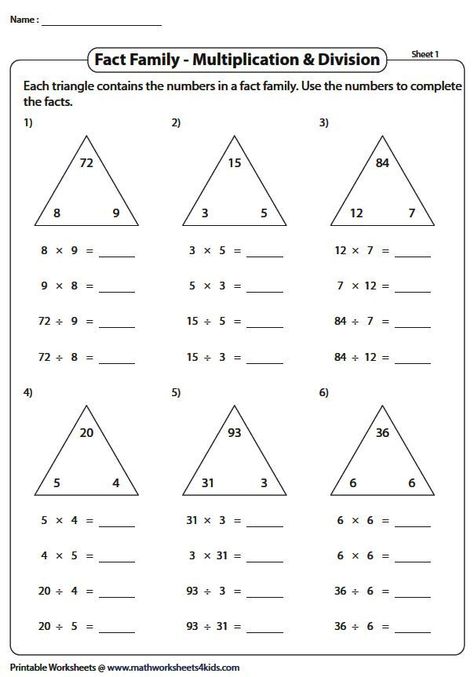 multiplication and division of integers worksheets Related Facts Multiplication And Division, 3rd Grade Division Worksheets, Multiplication And Division Fact Family, Division Facts Worksheets, Fact Families Multiplication, Math Worksheets For Kids, Division Fact Families, Fact Family Worksheet, Multiplication And Division Worksheets