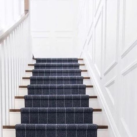 Lisa McCoy on Instagram: "Looking for stair runner inspiration for a cape cod staircase and found this stripped stunner by @leclairdecor think we have a winner. #ahousebythelakeinteriors #lmcrenovations #stairrunners #nauticalstaircase #navydecor #leclairwestmount #capecod #capecoddesign #lakenormannc #lakenormaninteriordesign #whitemillwork #whitestaircases" Cape Cod Staircase, Navy Stair Runner, Blue Stair Runner, Gray Stair Runner, Striped Stair Runner, Runner Inspiration, White Stairs, Navy Decor, We Have A Winner