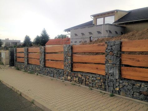 Rock Fence, Backyard Retaining Walls, Deck Railing Ideas, Stone Fence, House Fence Design, Modern Fence Design, Privacy Fence Designs, Railing Ideas, Stone And Wood