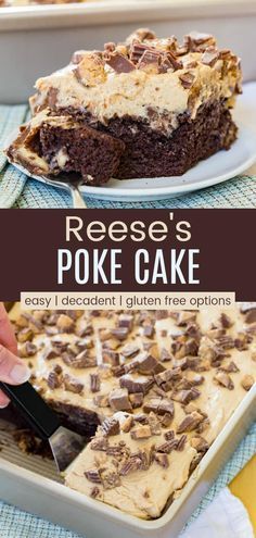 Reeses Peanut Butter Poke Cake Recipe, Reese’s Poke Cake Recipe, Reeses Poke Cake Easy, Reece’s Peanut Butter Cake, Reese’s Peanut Butter Cup Poke Cake, Reese’s Peanut Butter Poke Cake, Gluten Free Chocolate Peanut Butter Cake, Reese Poke Cake, Easy Desserts For A Crowd No Bake