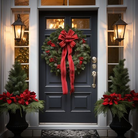 Front Door With Sidelights Christmas Decor, Classy Exterior Christmas Decor, Christmas Lights On House Exterior Porch, Cape Cod Christmas Decor, Front Door Christmas Wreath Ideas, Christmas Entrance Decor Porch Ideas, Christmas Curb Appeal, Outdoor Front Door Christmas Decor, Outdoor Window Christmas Decor Ideas