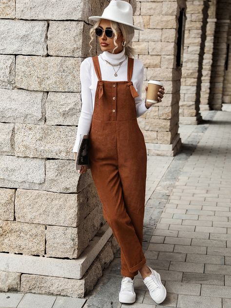 Perfect Fall Outfit, Corduroy Overalls, Turtleneck Shirt, Decorative Buttons, Selling Clothes, Type Of Pants, Brown Fashion, Straight Pants, The Well