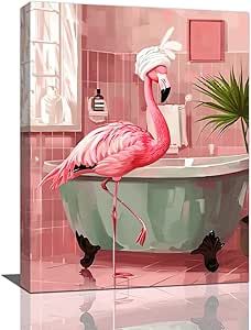 Bathroom Canvas Painting, Flamingos Art Illustration, Flamingo Bathroom Decor, Artwork For Bathroom, Flamingo Bathroom, Modern Decorations, Flamingo Artwork, Bathtub Wall, Flamingo Pictures