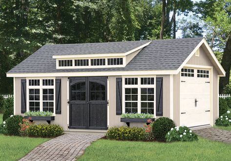 Garage Shed Ideas, Studio Sheds, Craftsman Sheds, Beautiful Porches, Backyard Office Shed, Sheds Ideas Backyard, Pool House Shed, Amish Sheds, Cool Sheds