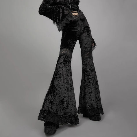 Look stylish and fashionable in these women's black floral velvet lace trim elastic high waisted flare pants. crafted from a blend of polyester and cotton, these goth-inspired pants are perfect for everyday fashion. Cheap Black Bottoms With Lace Trim, Luxury Black Bottoms For Alternative Fashion, Gothic Pants Vampirefreaks, Ghoulia Yelps Pants, Luxury Black Bottoms With Lace Trim, Cheap Black Lace Bottoms, Luxury Black Velvet Bottoms, Black Flare Pants Hippie, Goth Pants