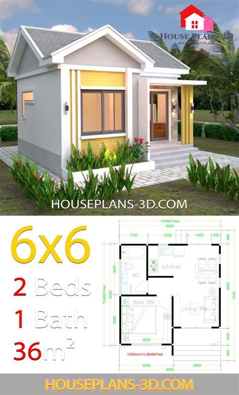 House Plans 6x6 With One Bedrooms Gable Roof - House Plans Wooden Villa, House Plans 3d, Gable Roof House, One Bedroom House Plans, Small House Architecture, Small House Blueprints, One Bedroom House, Pelan Rumah, Flat Roof House