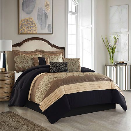 Add a touch of class to your bedroom with the comforter set. The luxurious comforter and shams flaunt a gorgeous engineered design with piecing on ground that add dimension to the lavish look. Turn your bedroom into a slumber retreat with this beautiful and elegant comforter set. Constructed of 100% polyester fabric and filling, this bed set comes with 1 comforter, 2 shams, 1 bed skirt, and 3 decorative pillows that flaunt excellent workmanship and quality. The complete bed set built to last, th Gold Comforter Set, Elegant Comforter Sets, Gold Comforter, Beautiful Bedding Sets, Most Comfortable Bed, Jacquard Bedding, Gold Bed, Bed Comforter Sets, King Comforter Sets