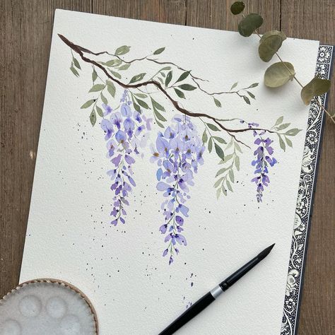 Watercolour Wisteria Tutorial, Simple Wisteria Painting, Painted Wisteria Flowers, Wisteria Painting Tutorial, How To Draw Wisteria Step By Step, Wisteria Watercolor Tutorial, Wisteria Drawing Simple, How To Paint Wisteria, Watercolour Flower Border