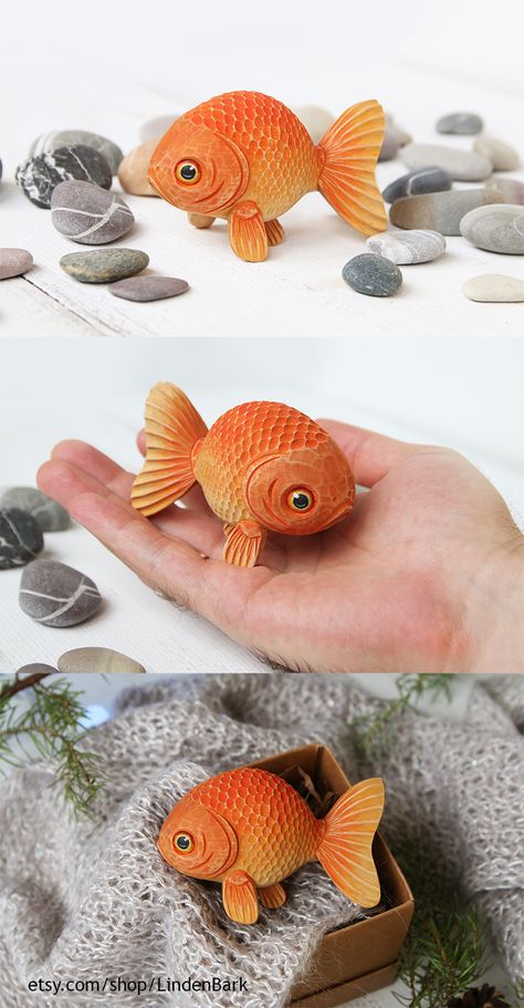 Fish Wood Carving, Goldfish Art, Wood Carving For Beginners, Dremel Projects, ดินปั้น Polymer Clay, Wood Carving Designs, Wood Carving Patterns, Wooden Figurines, Wood Carving Tools