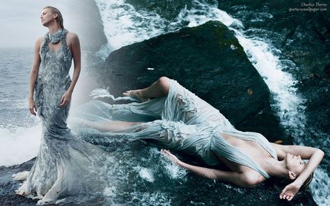 Charlize Theron XV Anne Leibovitz, Annie Leibovitz Photography, Water Shoot, Mode Editorials, Annie Leibovitz, Vogue Us, Waterfall Photography, Beach Shoot, Foto Art