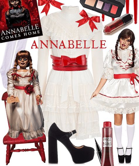 Jigsaw And Annabelle Costume, Annabelle Doll Halloween Costume, Annabell Halloween Costumes, Annabelle Halloween Costume Women, Anabelle Doll Makeup, Anabelle Doll Costume, Diy Annabelle Costume Women, Anabelle Halloween Costumes, Doll Outfit Halloween