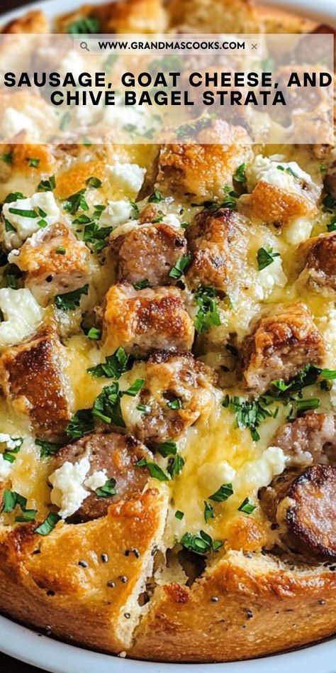 This make-ahead strata is a game-changer for busy mornings! Sausage, goat cheese, and chives come together in a savory, cheesy bake that’s easy to prep and even easier to enjoy. Bagel Strata, Christmas Strata, Strata Recipes, Filling Breakfast, Goat Cheese, Family Dinner, Cheddar Cheese, Christmas Food, Wake Up