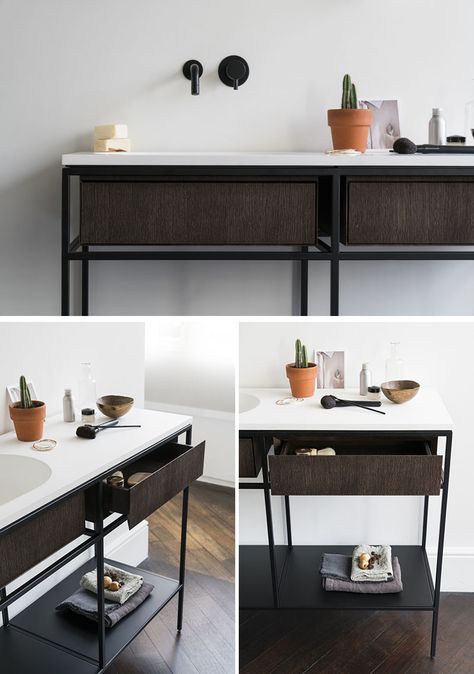 Norm Architects have designed a collection of modular minimalist bathroom consoles that feature black graphic frames, marble and wood. Unique Countertops, Nyc House, Frame Bathroom, Bathroom Console, Vanity Ideas, Vanity Design, Norm Architects, Hotel Boutique, Minimalist Interior Design