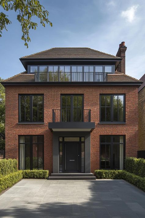 Traditional Red Brick House, Classic Brick House, Red Brick Architecture, Modern Red Brick House, British House Exterior, Modern British House, Red Brick Facade, Modern Brick House, Framed Windows