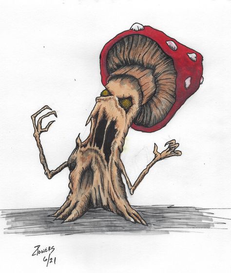 Poison Mushroom Drawing, Fantasy Mushroom Drawing, Evil Mushroom Drawing, Mushroom With Face Drawing, Mushroom Monster Art, Creepy Mushroom Art, Creepy Mushroom Tattoo, Mushroom Guy Drawing, Creepy Mushroom Drawing