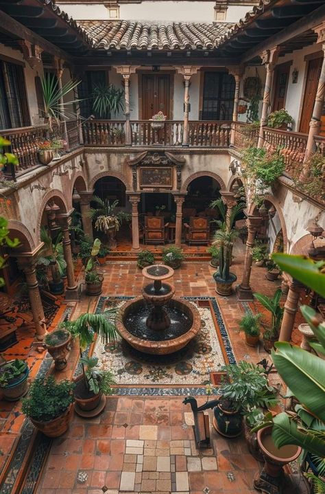 House With Central Courtyard, Latin House Aesthetic, Bloxburg Hacienda, Hacienda Style Homes Mexican Courtyard, Open Courtyard House, Acienda Designer, Spanish Architecture Hacienda Style, Hacienda Aesthetic, Spanish Courtyard House