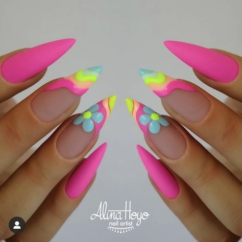 Simple Two Color Nail Designs, Bright Colored Nail Designs, Fun Neon Nails, Hot Pink Nail Designs, Nailart Summer, Nails Products, Matte Pink Nails, Summer Nails 2023, Neon Pink Nails