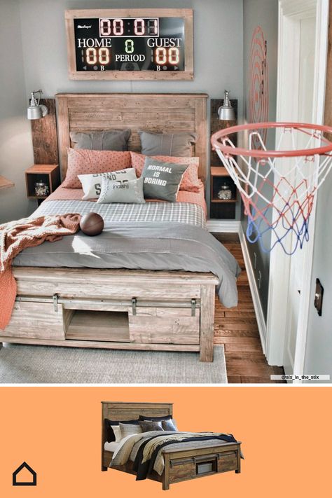 Turn your child's room into the perfect reflection of what they love. We think this room is a slam dunk! Basketball Themed Bedroom, Basketball Room Decor, Boy Sports Bedroom, Basketball Bedroom, Basketball Room, Sport Bedroom, Big Boy Bedrooms, Boy Rooms, Boy Bedroom Design