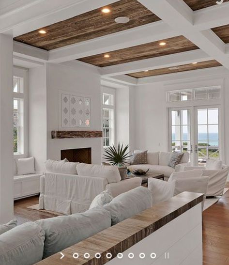 White beams with wood ceiling. Opposite from what you usually see. Love it!! High Ceiling Living Room, White Beams, Coastal Living Rooms, Beach House Interior, Beach House Design, House Interiors, Wood Ceilings, The Ceiling, Beach House Decor