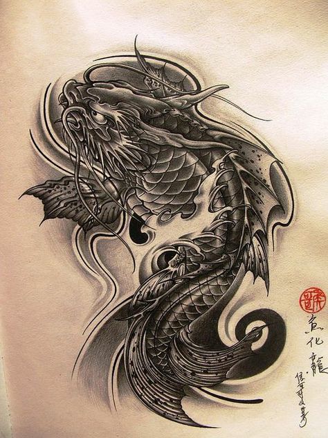 Dragon Koi Tattoo Design, Dragon Koi Fish, Coy Fish Tattoos, Tato Phoenix, Koi Dragon Tattoo, Tato Mandala, Karp Koi, Japanese Koi Fish Tattoo, Dragon Head Tattoo