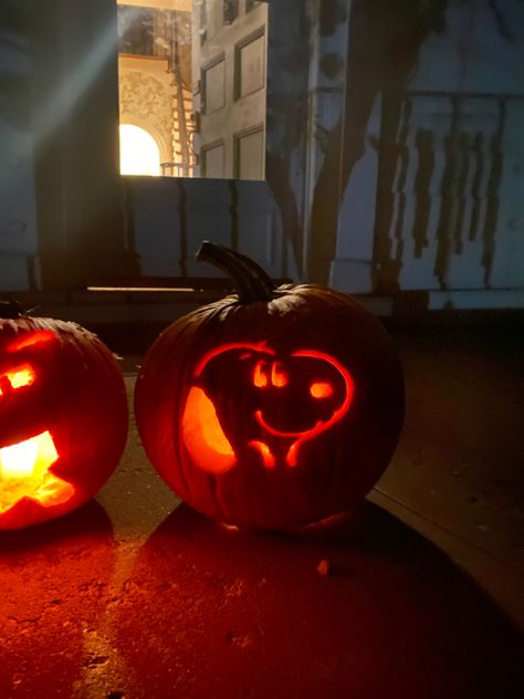 Pumpkin carved with snoopy design Pumpkin Cravings Easy, Charlie Brown Carved Pumpkin, Pumpkin Carving Inspo Cute, Disco Pumpkin Carving, Vintage Pumpkin Carving Ideas, Pumpkin Carving Ideas With Boyfriend, Pumpkins To Carve, Fish Jack O Lantern, Pumkin Carving Animal