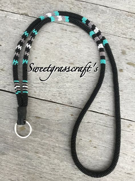 Beading Projects Native, Bead Wrapped Lanyard, Native Beadwork Patterns, Beadwork Lanyard, Beaded Earrings Native Beadwork, Seed Bead Lanyard, Bead Wrapping, Beaded Keychains Patterns, Indigenous Beading