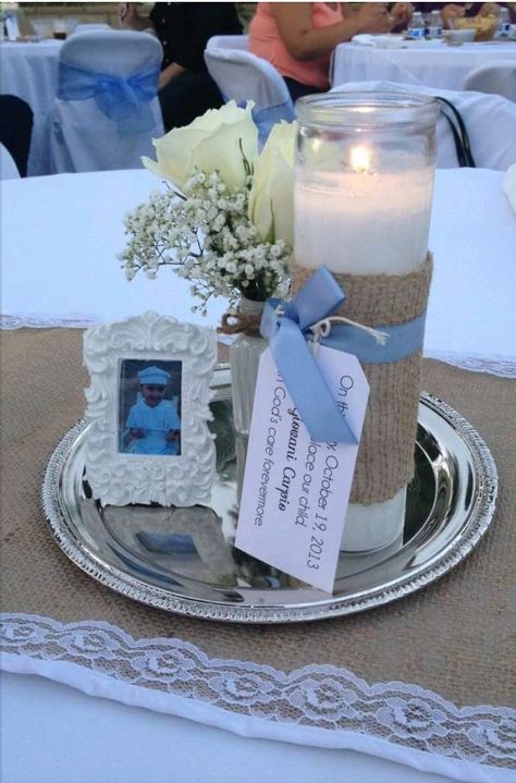 Baptism table center piece, not too fancy not too simple. Baptism Party Boy, Baptism Decorations Boy, Communion Centerpieces, Baptism Party Decorations, Confirmation Party, طفلة حديثة الولادة, Baptism Centerpieces, Holy Communion Party, Boys First Communion