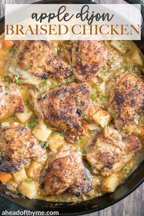 Dutch Oven Chicken Thighs, Chicken Thighs With Potatoes, Dutch Oven Chicken, Braised Chicken Thighs, Apple Chicken, Thighs Chicken, Dutch Oven Recipes, Fall Dinner Recipes, Braised Chicken