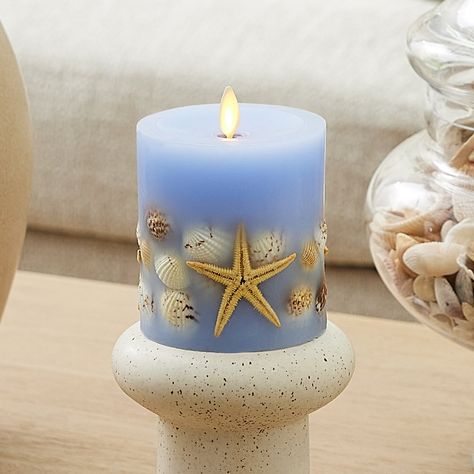 Cornflower Embedded Seashell & Starfish Flameless Candle Pillar Seashell Candle Holder, Nautical Candles, Timer Candles, Traditional Candles, Candle Luminaries, Flameless Led Candles, Beach Theme Decor, Outdoor Candles, Led Candle