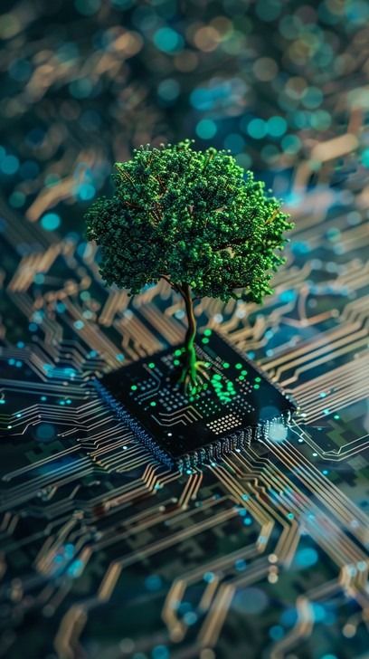 The imagery of a lush, green tree emerging from the heart of a complex circuit board communicates a powerful message about the fusion of natural elements and technological advancements. This synthesis suggests a harmonious balance where technology supports and enhances natural growth, symbolizing hope for a sustainable future where technology and ecology coexist seamlessly. Such a depiction encourages a reflection on the potential for technology to align more closely with environmental conservat Nature Technology Art, Tree Communication, Sustainability Aesthetic, Tree Energy, Work Mood, Technology Devices, Green Footprints, It Technology, Emerging Technologies