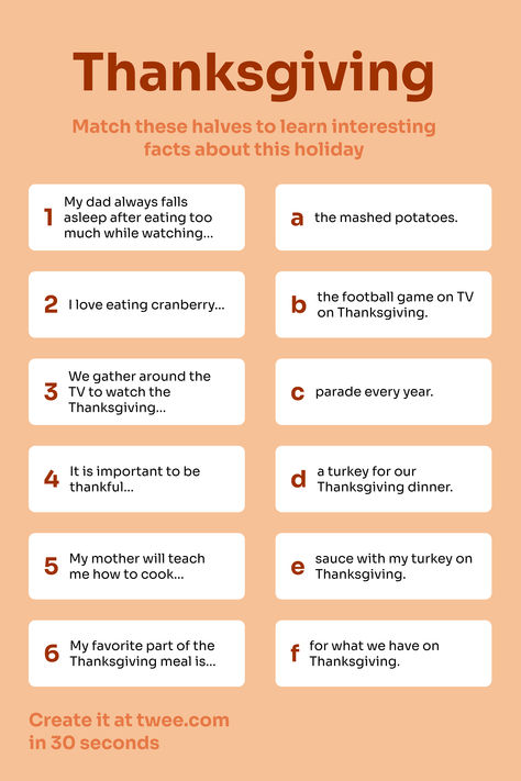 Engage your ESL students with this fun Thanksgiving-themed matching activity! Learners connect sentence halves to complete festive facts and traditions, making language practice meaningful and culturally enriching.  Follow the link to download a Thanksgiving-themed lesson plan! #ThanksgivingActivity #ESL #HolidayLearning #EnglishLessons #LanguageGames #ESLTeaching #ClassroomActivities #CulturalLearning #EnglishVocabulary #TeachEnglish Thanksgiving Esl Activities, Language Practice, Thanksgiving Lessons, Esl Activities, Esl Lessons, English Tips, Matching Activity, Esl Teaching, Thanksgiving Fun