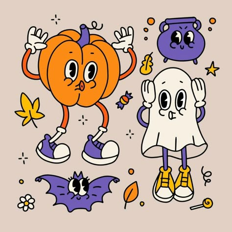 Retro Halloween Poster, Halloween Vector Art, Cute Halloween Graphics, Cute Halloween Cartoons, Halloween Characters Drawings, Retro Illustration Graphics, Halloween Costume Illustration, Halloween Cartoon Art, Creepy Figures