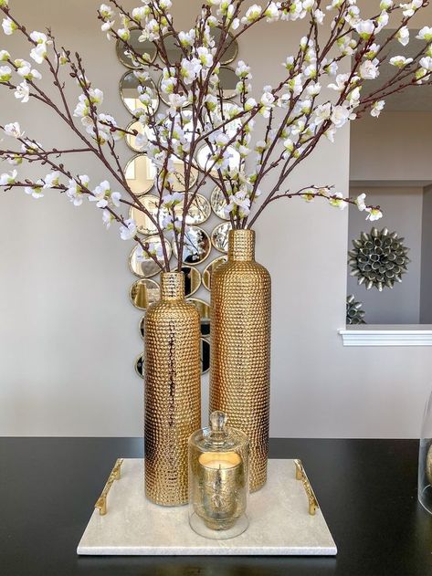 Inspire Me! Home Decor - Interior Design & Home Decor By Farah Merhi | White vase decor, Gold living room decor, Floor vase decor Gold Vase Decor, White Vase Decor, Tall Vase Decor, Floor Vase Decor, Gold Living Room Decor, Glam House, Bottle Vases, Gold Living Room, Events Decor