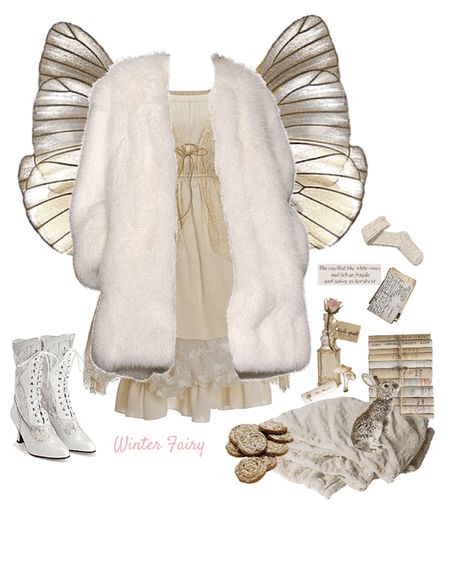 Fairy Costume Cold Weather, Winter Fairy Aesthetic Outfits, Winter Fairy Coquette Outfits, Fairy Winter Outfits, Light Fairy Outfit, Winter Fairy Outfit, Winter Fairy Aesthetic, Wintercore Outfits, Winter Fairy Party