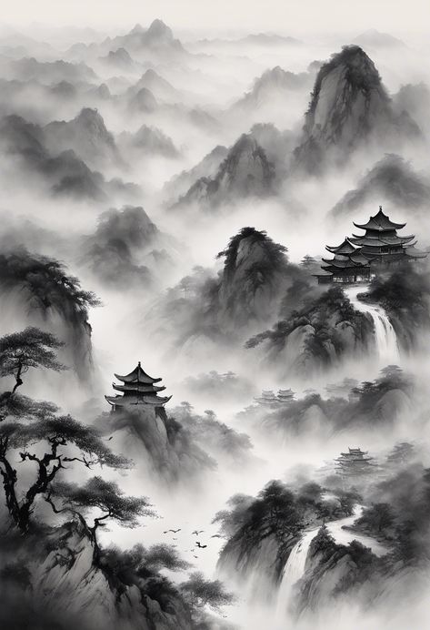 Misty Mountains Check more: https://paintlyx.com/misty-mountains/ Japanese Nature Aesthetic, Japanese Sun, Japanese Ink Painting, Japanese Mountains, Japanese Nature, Misty Mountains, Chinese Landscape Painting, Chinese Landscape, Japanese Landscape