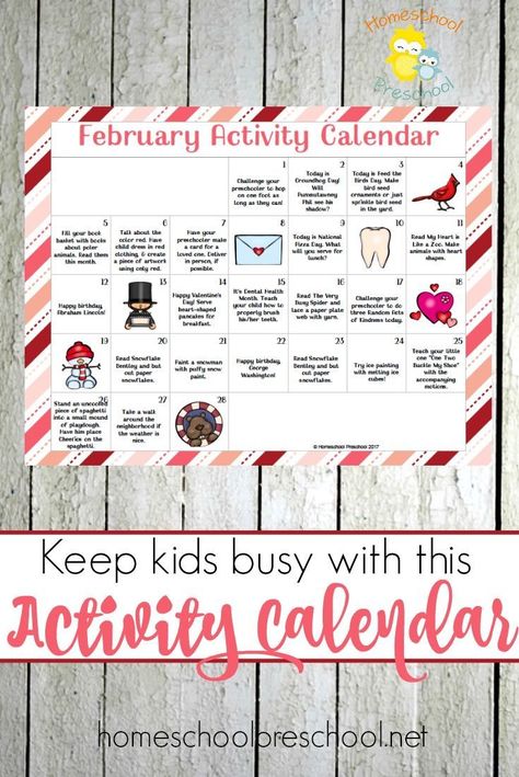 Keep tots and preschoolers entertained all February long with this free Activity Calendar for little ones! | http://homeschoolpreschool.net February Calendar For Preschool, February Weekly Themes For Preschool, Prek February Themes, February Themes For Kindergarten, February Lesson Plan Themes, February Learning Activities For Preschool, Fun February Activities For Kids, Monthly Activities Calendar, February Themes For School