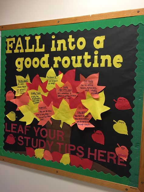 Fall Bulletin Board Ideas College, Fall Board Ideas For Work, Work Office Bulletin Board Ideas, October Ra Bulletin Board Ideas, Thanksgiving Bulletin Board Ideas Ra, Main Office Bulletin Board Ideas, Fall Ra Board Ideas, Study Tips Ra Bulletin Board, Passive Programs Resident Assistant