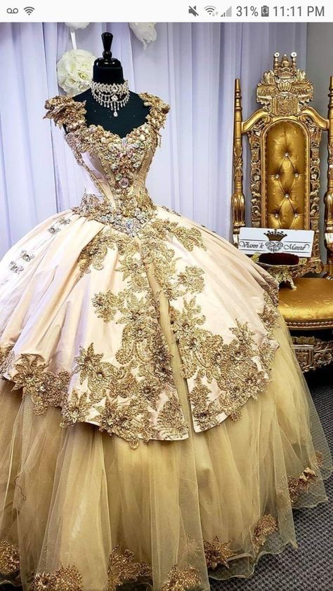 Gold Wuince Dresses, Gold Fitted Quinceanera Dress For Debutante Ball, Sweet 16 Dresses Gold, Luxury Gold Elegant Quinceanera Dress, Victorian Quinceanera Theme, Luxury Gold Gown For Debutante Ball, Gold Dama Dresses, Quince Charro Dresses, Gold Quinceanera Dresses Quincedresses.com