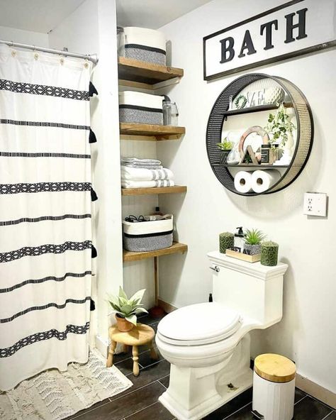 7+ Gorgeous Above Toilet Decor Ideas to Elevate Your Bathroom Circle Shelf Decor, Above Toilet Ideas, Shelf Decor Bathroom, Above Toilet Decor, Toilet Decor Ideas, Modern Boho Bathroom, Above Toilet, Black Wainscoting, Circle Shelf