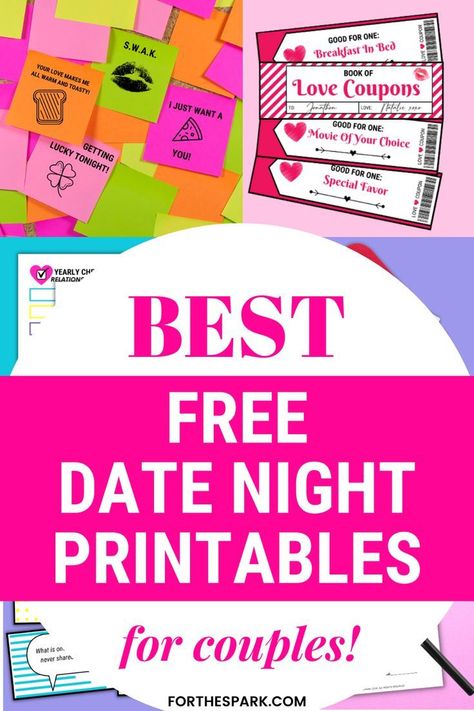 Spice up your date nights with these free date night printables for couples! We have free date night ideas, conversation cards for couples, couples games and more!!💟#LoveStory #RomanticEncounters #HeartfeltConnections #DateNightIdeas #SoulmateSearch #FlirtyFridays #CandlelitDinners #StarryEyedMoments #LoveQuotes #DreamyDates #WhisperedPromises #AmourAdventures Date Night Printables, Free Date Night Ideas, Free Date Night, Cards For Couples, More Love Letters, Couples Games, Date Night Games, Date Night Ideas For Married Couples, Unique Date Ideas