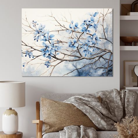 Light Blue Living Room, Herbs Wall, Branch Leaves, Lily Wallpaper, Herb Wall, Leaves Wall Art, Cherry Blossom Art, Wall Art Blue, Leaf Wall Art